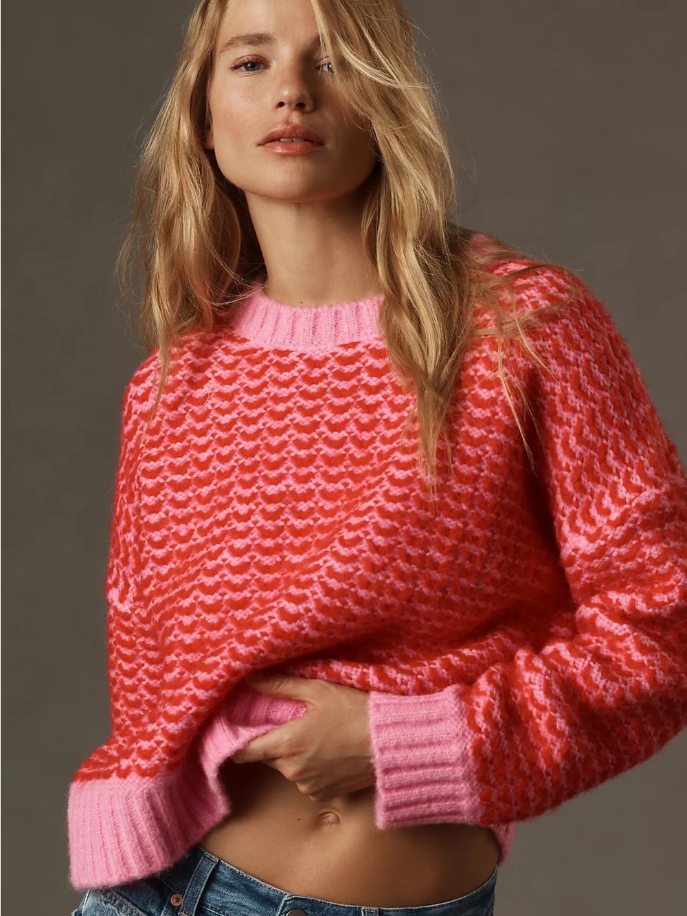ANTHROPOLOGIE Lili Sidonio Pink Red Two-Tone Knit Sweater Womens Crewneck Small - Picture 3 of 8